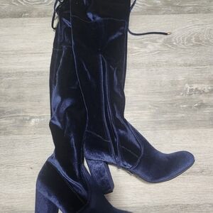 Elegant Velvet Knee-High Boots - Navy